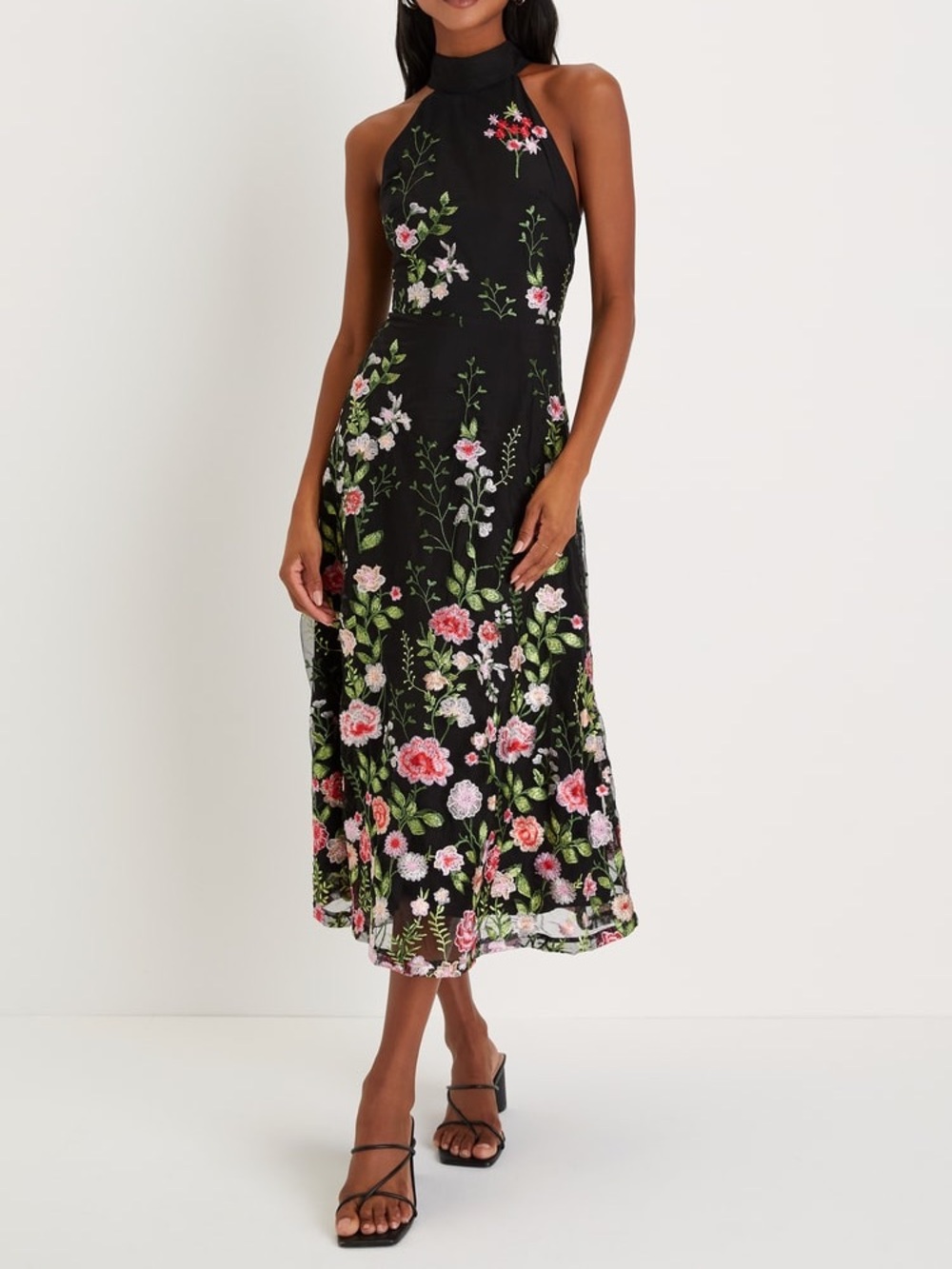 Lulus Blossoming Energy Black Floral Embroidered Halter Midi Dress Size S NWT